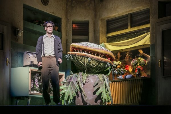 Thomas Ehrlichmann (Seymour) mit „Audrey 2" – die von einem Puppenspieler gesteuert wird. - © Jochen Quast