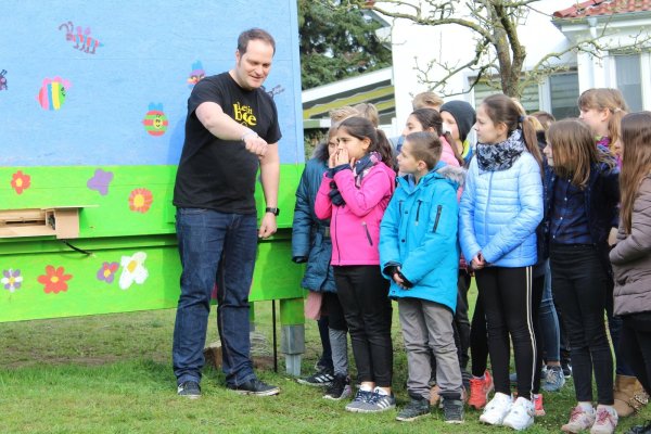 Es kann losgehen: Auf dem Arm von Hobby-Imker Christian Strulik (links) ist die erste Biene gelandet. Zusammen mit den Schülern der Klasse 4b hat er alles für das Live-Projekt vorbereitet. - © Sandra Castrup