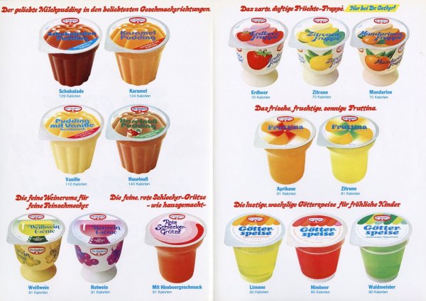 Schoko, Vanille, Karamell waren als Klassiker von Anfang an dabei. Hier das Dr.-Oetker-Sortiment im Becher aus dem Jahr 1973. Exotisch bis verrückt sind die Sorten, die es heute in Oetkers ersten Pudding-Restaurants gibt. - © Dr.Oetker