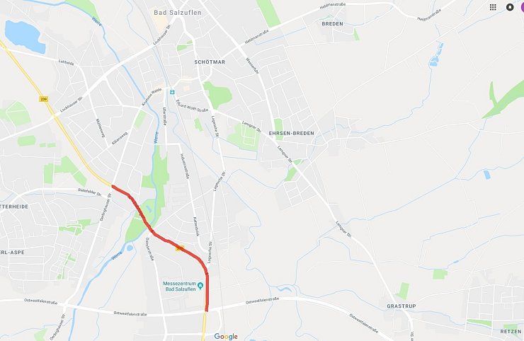 Ab dem 11. März wird in Bad Salzuflen die Fahrbahn auf der B239 in dem rot markierten Abschnitt erneuert. - © Screenshot Google Maps