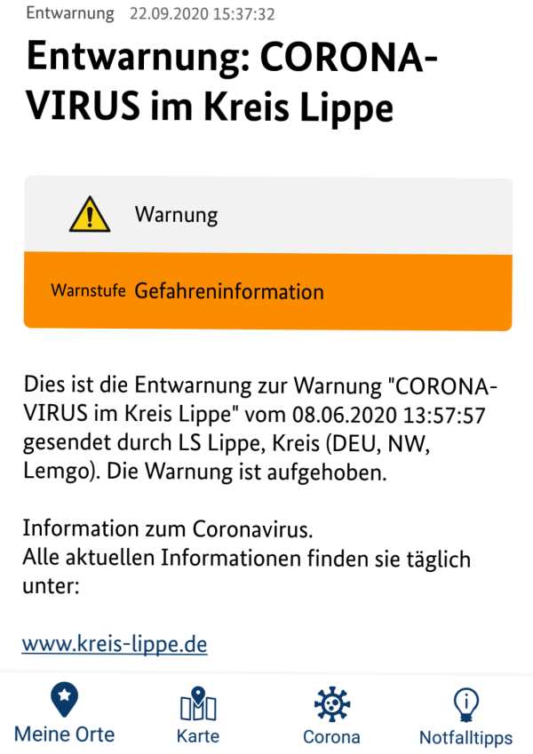 Die Warn-App Nina hat zunächst eine Entwarnung herausgegeben, um wenige Minuten später wieder vor dem Coronavirus zu warnen. Hintergrund war eine Aktualisierung der Meldung. - © Screenshot Angela Wiese