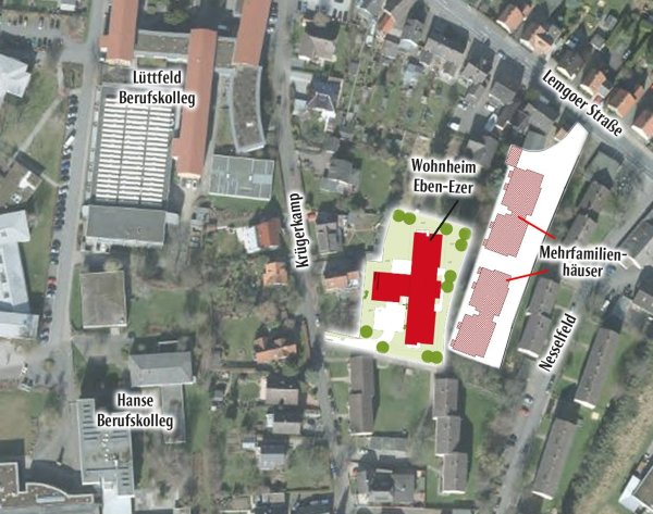 Zwei Großbauten in Braker Gärten: Neben der Stiftung Eben-Ezer, die für ihr Wohnheim am Krügerkamp auf den Baubescheid wartet, möchte ein Investor nun zwei stattliche Mehrfamilienhäuser bauen (gelbe Flächen). - © Grafik: Oliver Wendtland