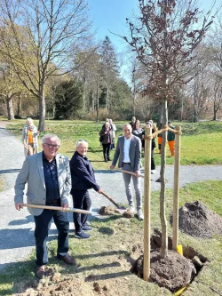 Der neue Geburts- und Erlebniswald ist ein Symbol für Wachstum und Verbundenheit. Verewigt haben sich mit der ersten persönlichen Baumpflanzung auf dem Areal die Bad Salzufler Peter Benthin (vorne links) und Katharina Schuhenn (vorne Mitte), die ihren Wunschbaum, eine Hainbuche, gemeinsam mit ihren Familien und Freunden sowie Bürgermeister Dirk Tolkemitt (vorne rechts) eingepflanzt haben. Zur Kennzeichnung des Baumes wird noch eine Plakette angebracht. - © Stadt Bad Salzuflen