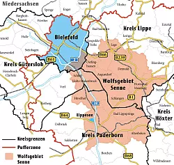 Das Wolfsgebiet in der Senne und die darumliegende Pufferzone. - &copy; J&uuml;rgen Schulthei&szlig;