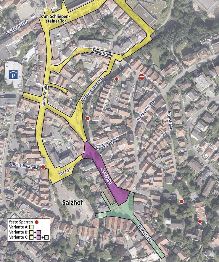 Folgende Varianten sieht die Verwaltung für eine „Autoarme Innenstadt": Am umfassendsten wäre die Variante C. Welches Konzept im Sommer sechs Wochen lang getestet werden soll, muss die Politik entscheiden. - © Foto: Land NRW (2019)/Grafik: Oliver Wendtland