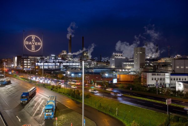Das Bayer-Kreuz, das Logo des Unternehmens, leuchtet auf dem Werksgelände von Bayer in Leverkusen. - © Thomas Banneyer/dpa