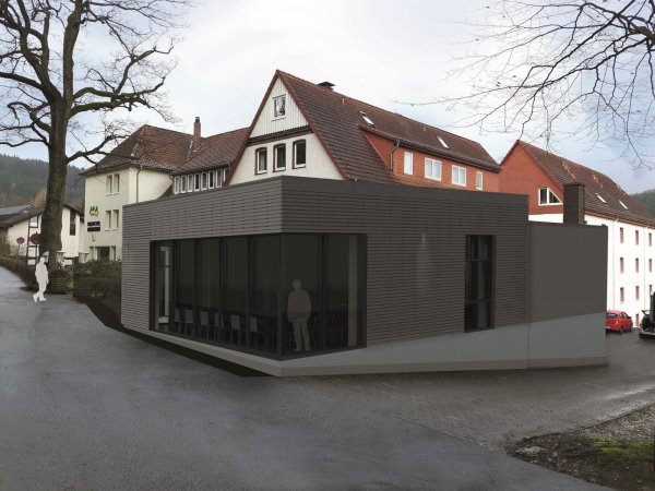 So soll der Neubau aussehen: Bis August entsteht ein 120 Quadratmeter großer Anbau, der unter anderem als Konferenzraum genutzt werden kann. - © Montage: Architekturbüro Sander