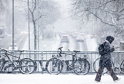 Schneebedeckte Fahrr&auml;der im dichten Schneetreiben - Rolf Vennenbernd/dpa/dpa-tmn