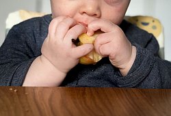 Ein sieben Monate altes Babz isst einen Apfel - Zacharie Scheurer/dpa-tmn