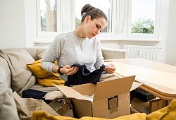 Frau pr&uuml;ft kritisch die Lieferung der online bestellten Ware - Christin Klose/dpa-tmn