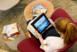 Frau schaut sich auf einem Tablet ein Hotel an - Jens Kalaene/dpa-tmn