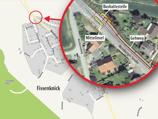 Erleichterung in Fissenknick: Im kommenden Jahr wird am Nordausgang der Ortsdurchfahrt (K 92) gebaut. Vorgesehen sind eine Mittelinsel, die behindertengerechte Umgestaltung (siehe orangefarbene Markierung) der vorhandenen Bushaltestelle und ein Gehweg. - © Grafik: Oliver Wendtland