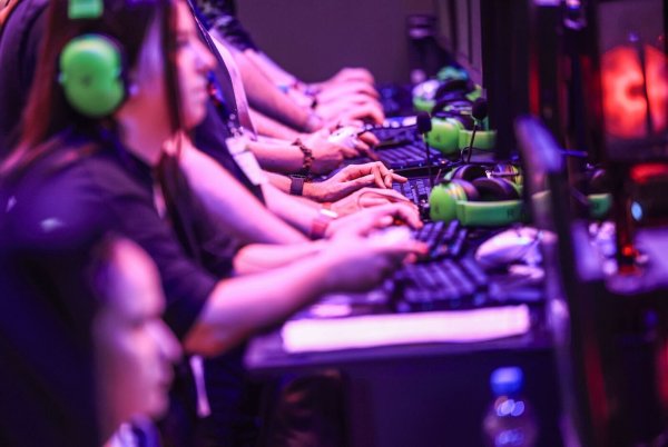 Computerspielerinnen und Computerspieler sitzen im August 2024 bei der Messe Gamescom vor Bildschirmen. - © Oliver Berg/dpa