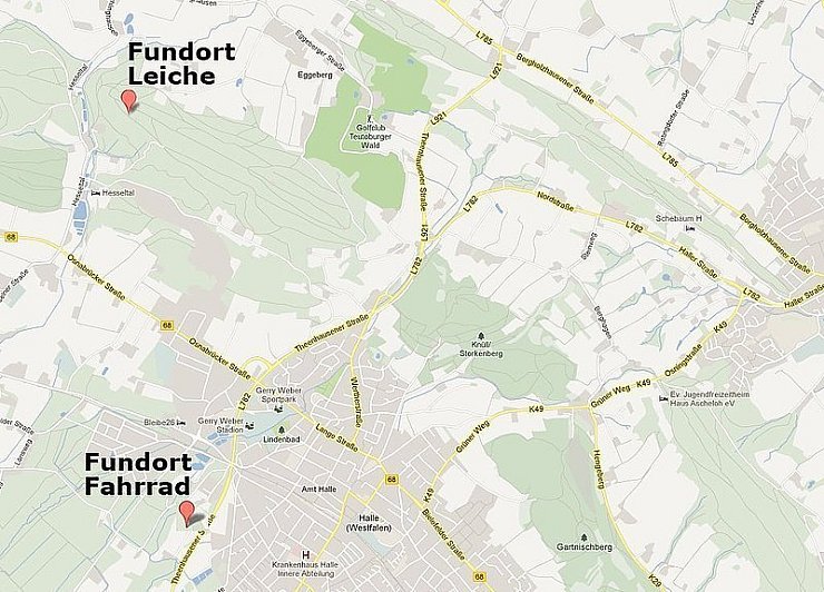Der Fundort der Leiche liegt etwa drei Kilometer Luftlinie, mit dem Pkw etwa fünf Kilometer, vom Fundort des Fahrrades von Gabriele Obst entfernt. - © FOTO: GOOGLE/Tobias Becker