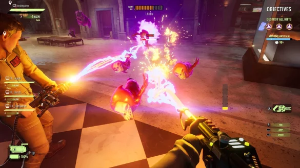 Blo&szlig; nicht die Strahlen kreuzen: Es geht dem pinken Geist an den Kragen, und zwar zusammen. &laquo;Ghostbusters: Spirits Unleashed&raquo; ist als asymmetrisches Multiplayer-Game ausgelegt. - &copy; Illfonic/dpa-tmn