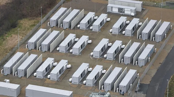 Ein Batteriepark in der Lausitz. Ein im nordrhein-westfälischen Waltrop geplanter Batteriepark soll bis 2028 ebenfalls in Containerbauweise errichtet werden. (Symbolbild) - © Patrick Pleul/dpa