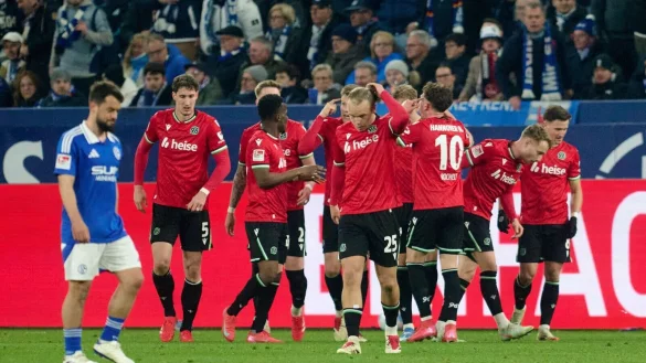 Riesiger Jubel: Hannover hat das Spiel auf Schalke spät gedreht. - © Bernd Thissen/dpa