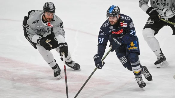 Die Kölner Haie mit Alexandre Grenier (l) verpassten gegen den ERC Ingolstadt um Wayne Simpson (r) den Einzug ins Finale nach Spiel fünf. - © Armin Weigel/dpa