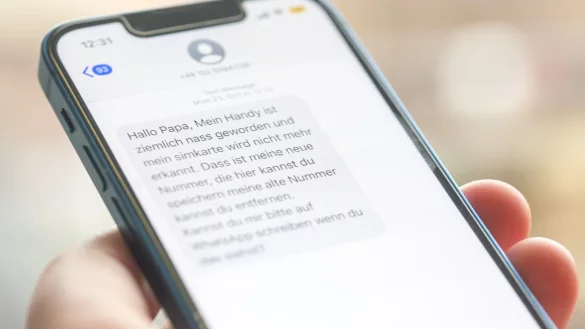 Eine Frau h&auml;lt ein Smartphone in ihrer Hand, auf dessen Display eine Betrugs-SMS zu lesen ist. - &copy; Fernando Gutierrez-Juarez/dpa