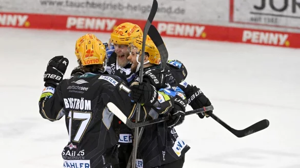 Die Fischtown Pinguins aus Bremerhaven jubeln über den erneuten Sieg über die Kölner Haie. - © Carmen Jaspersen/dpa