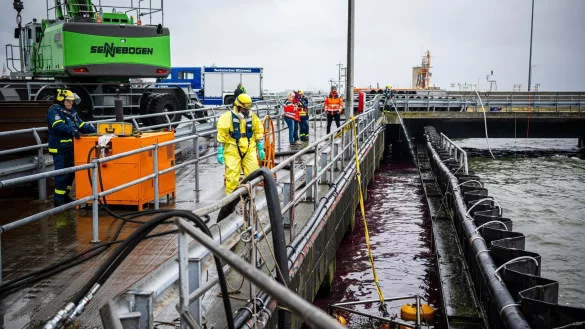 Die Einsatzkräfte schützen sich mit Atemmasken. - © Sina Schuldt/dpa