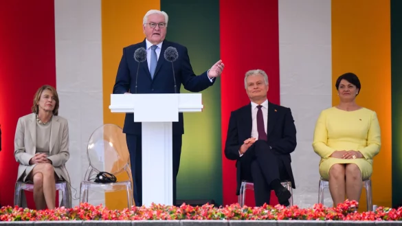 Bundespräsident Steinmeier sagt Litauen am Nationalfeiertag die Unterstützung Deutschlands bei der Verteidigung seiner Freiheit zu. - © Bernd von Jutrczenka/dpa