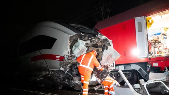 Der ICE stieß an einem Bahnübergang im Süden Hamburgs gegen einen Lastwagen. - © Daniel Bockwoldt/dpa/Daniel Bockwoldt