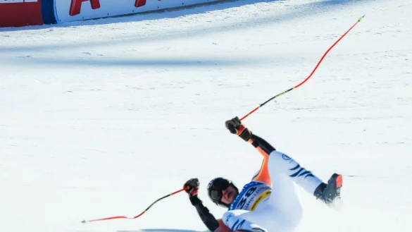 Stürzte spektakulär und kam ohne Ski in den Zielraum: Luis Vogt. - © Jens Büttner/dpa