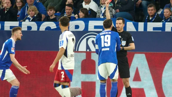 Rote Karte schon in der 3. Minute: Harm Osmers verweist Kenan Karaman nach Videobeweis des Feldes. - © Bernd Thissen/dpa