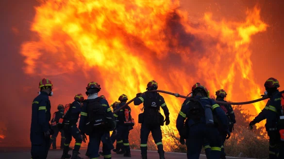 Die Feuerwehr ist auf der griechischen Insel Chios im Einsatz. - © Pantelis Fykaris/Politischios.gr via AP/dpa