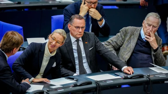 Die AfD-Chefs Alice Weidel und Tino Chrupalla nehmen zum 80. Jahrestag des Kriegsendes an einer Gedenkstunde im Bundestag teil. Am selben Tag kommt die Nachricht , dass der Verfassungsschutz vorläufig seine Einstufung der AfD als «gesichert rechtsextremistisch» auf Eis legt. - © Kay Nietfeld/dpa