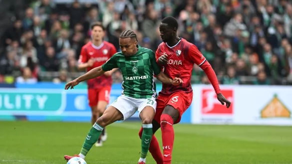 Werders Felix Agu (l) im Zweikampf mit Bochums Ibrahima Sissoko. - &copy; Carmen Jaspersen/dpa
