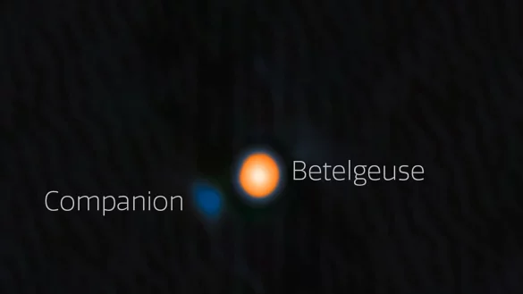 Astronomen haben wahrscheinlich einen Begleitstern von Beteigeuze (englisch: Betelgeuse) entdeckt. Der Begleitstern erscheint hier blau. - &copy; --/International Gemini Observatory/NOIRLab/NSF/AURA/dpa