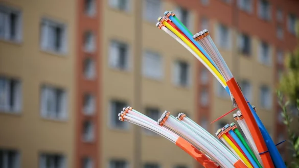 Erst mal angeschlossen, bieten sie Highspeed-Internet: Glasfaserkabel, die aus dem Sockel eines Schaltschranks herausragen. - © Jan Woitas/dpa