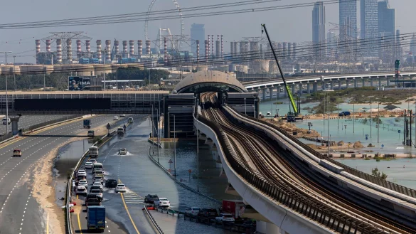 Überschwemmungen in Dubai im vergangenen Frühjahr. Wegen steigender Temperaturen kommt es nach Einschätzung der Klimawissenschaftler der Munich Re auch in Weltregionen zu schweren Unwettern, in denen solche Extremereignisse bisher quasi unbekannt waren. - © Christopher Pike/AP/dpa