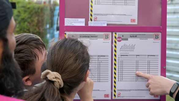 Fahrg&auml;ste informieren sich &uuml;ber die Abfahrtszeiten der Ersatzbusse. - &copy; Michael Bahlo/dpa
