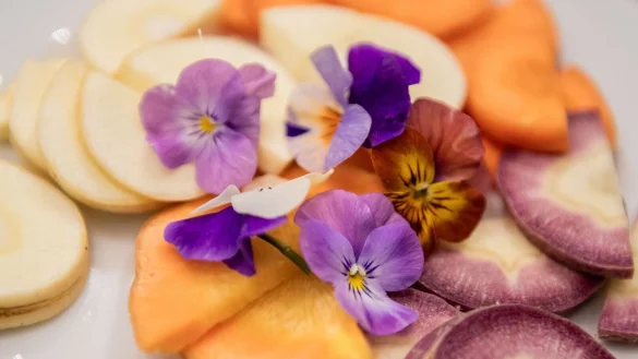 Die bunten Blüten von Hornveilchen machen sich gut auf dem Brot oder auch einem Salat. - © Zacharie Scheurer/dpa-tmn