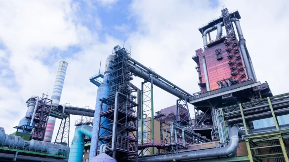 Bei Thyssenkrupp Steel in Duisburg soll eine neue Direktreduktionsanlage die Hochöfen 8 und 9 ersetzen. Die neue Anlage ist bereits in Bau. (Archivbild) - © Rolf Vennenbernd/dpa