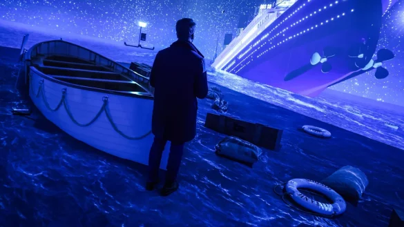 Ein kaltes Grab im Nordatlantik: Ein Ausstellungsbesucher sieht die &laquo;Titanic&raquo; versinken. - &copy; Oliver Berg/dpa