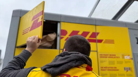 Ein typischer DHL-Paketautomat, der gerade von einem Paketboten befüllt wird. (Archivbild) - © Wolf von Dewitz/dpa-Zentralbild/dpa