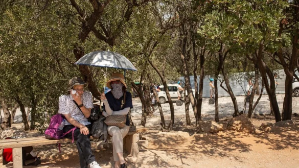 Touristen sitzen unter Bäumen am Eingang der Akropolis in Athen. - © Socrates Baltagiannis/dpa