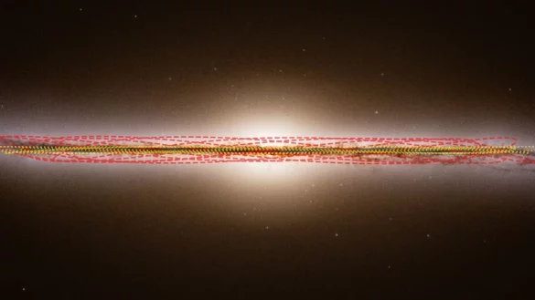 Diese Illustration zeigt eine Seitenansicht der Milchstraße und die geschätzten Umlaufbahnen unserer Sonne und des Kometen 3I/ATLAS. Der Komet ist mit roten gestrichelten Linien, die Sonne mit gelben gepunkteten Linien dargestellt. - © M. Hopkins/?tautahi-Oxford Team/dpa