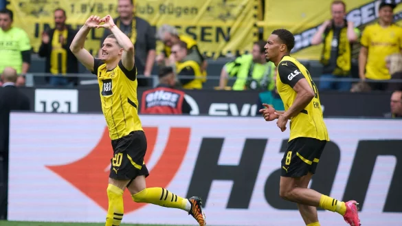 Dortmunds Marcel Sabitzer jubelt über seinen ersten Saisontreffer. - © Bernd Thissen/dpa
