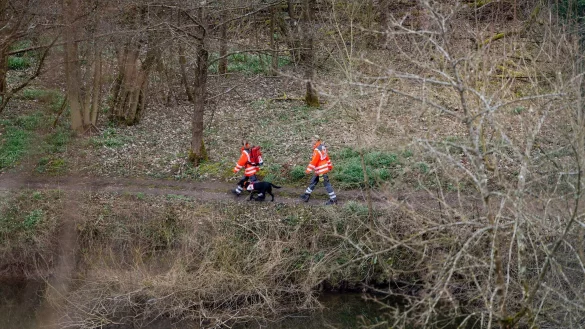 Auch eine Rettungshundestaffel ist im Einsatz. - © Christian Lademann/dpa