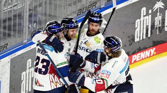 Die Eisbären Berlin können auch im vierten Halbfinale gegen Mannheim einen Sieg bejubeln und stehen erneut im DEL-Finale. - © Uli Deck/dpa