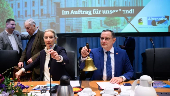 Die Fraktionschefs Alice Weidel und Tino Chrupalla eröffnen die erste AfD-Fraktionssitzung nach der Bundestagswahl. - © Bernd von Jutrczenka/dpa