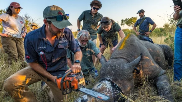 Einem Nashorn wird vorsorglich das Horn abgesägt. (Handout) - © ---/Greater Kruger Environmental Protection Foundation/dpa
