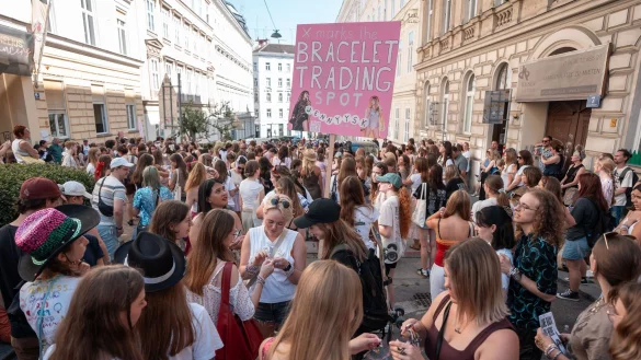 Wien am Freitag: Taylor-Swift-Fans versammeln sich und tauschen Armbänder aus. - © Georg Hochmuth/APA/dpa
