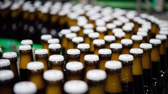 Bierflaschen mit Kronkorken laufen durch die Produktion der Veltins-Brauerei in Meschede-Grevenstein über die Förderbänder einer Befüllungsanlage. - © Rainer Jensen/dpa
