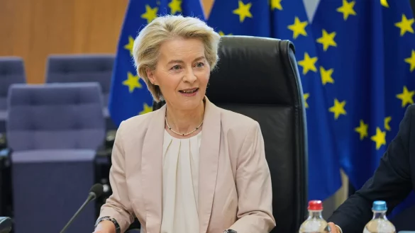 Ursula von der Leyen bei einem Treffen mit Industrievertretern. - © Virginia Mayo/AP/dpa